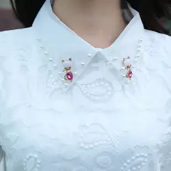 Женская 2014 г. белая кружевная блузка с жемчугом с длинными рукавами и отложным воротником Подпушка воротник рубашки размер S-XXL