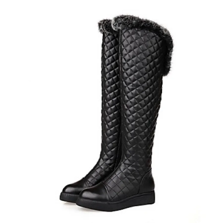 Femmes Zapatos Peluche Plataforma Véritable Genou Black Blanc white En Noir Chaussures Bas Talons Cuir Bottes Haute Mode Mujer Plaid Neige SSCqZwr