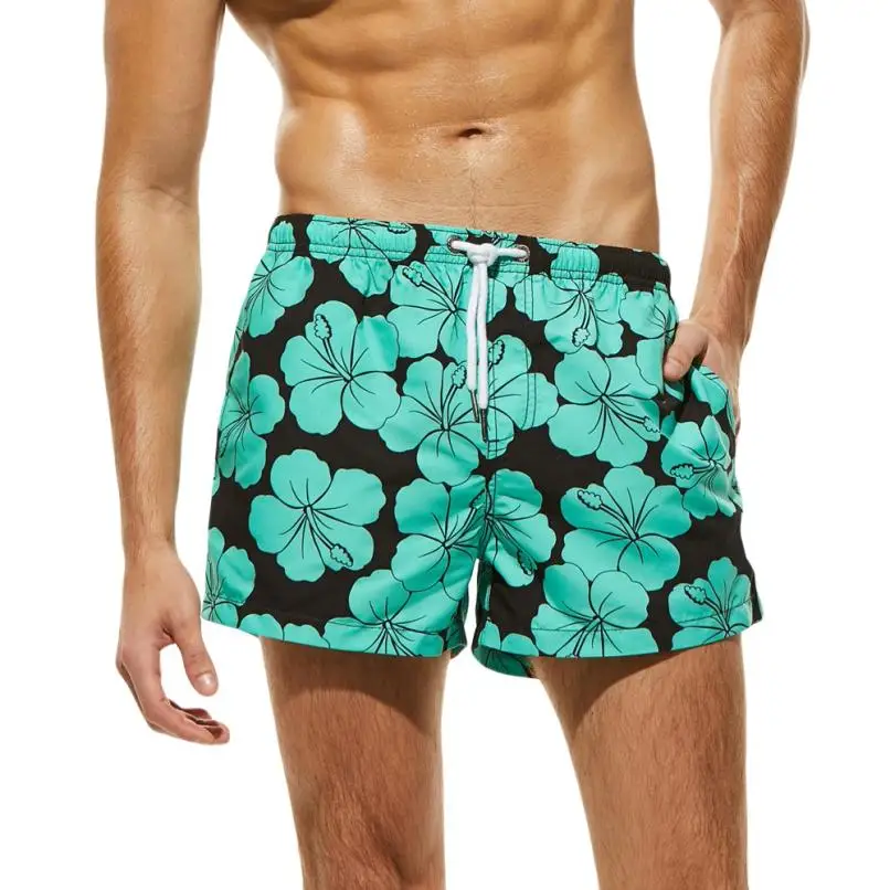 Мужские дышащие плавки, брюки, одежда для плавания, шорты, облегающие трусы с цветочным принтом, пляжные шорты, maillot de bain femme - Цвет: Зеленый