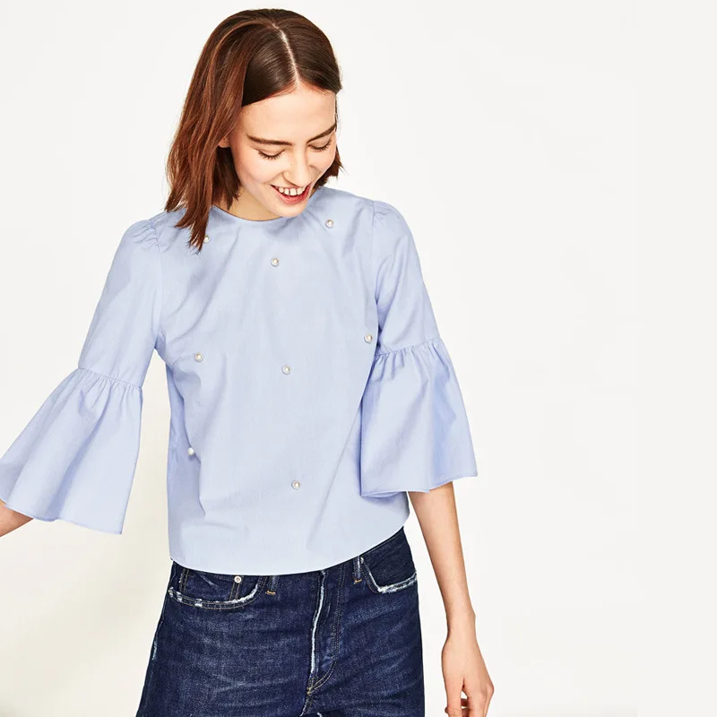 Women Elegant Pearls Beading Flare Sleeve Shirt O Neck Blouse Three Quarter Sleeve Summer Brand Casual
