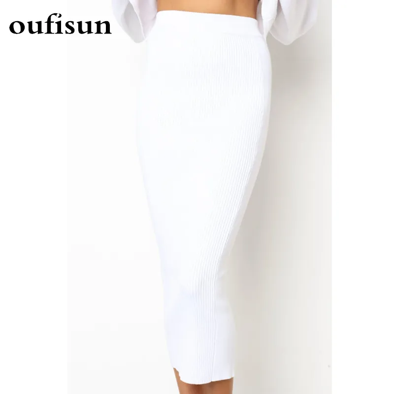 

oufisun Knitted 2018 Autumn Bodycon Long Skirt Sexy Black White High Waist Tight Women Maxi Elegant Party Club Wear Pencil Skirt