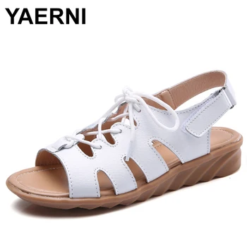

YAERNI Women Gladiator Sandals Shoes Genuine Leather Lace Up Flat Heels Sandals Ladies Casual Summer Shoes Women Beach Sandals