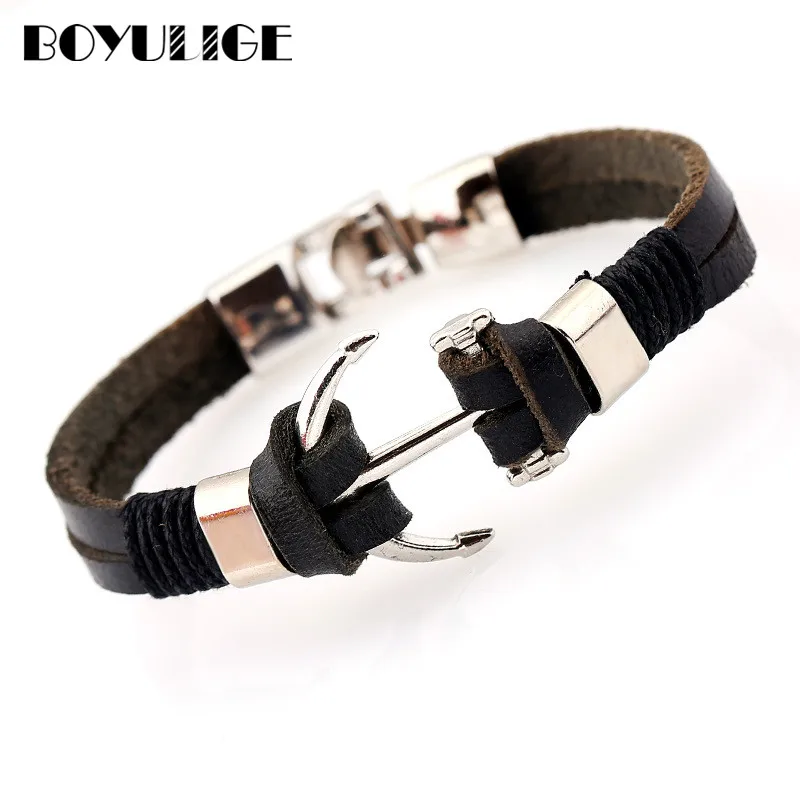 

Hot Vintage Leather Bracelet Homme Femme Silver Alloy Anchor Black Brown Men Charm Bracelets For Men Women Jewelry Freeshipping