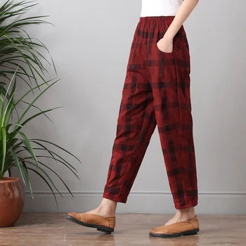

High Elastic 100% Linen Women Pants Linen Cotton Casual Harem Pants Plaid HarajukuTrousers Female Ankle-length Length Pants