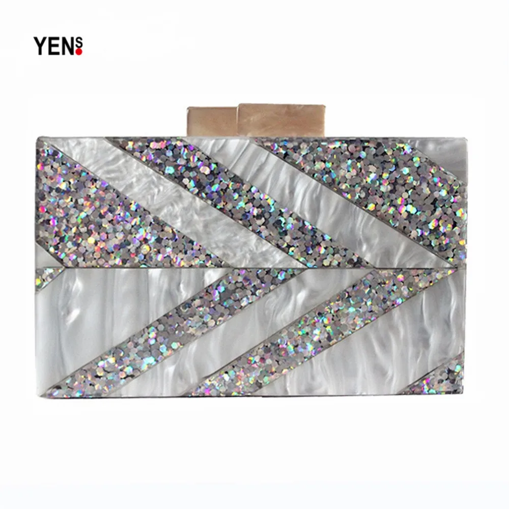 

2017 Women Silver Sequined Acrylic Clutch Box Geometric Patchwork Acrylic Evening bag Elegant Wedding Bag Shoulder Bag Handbag
