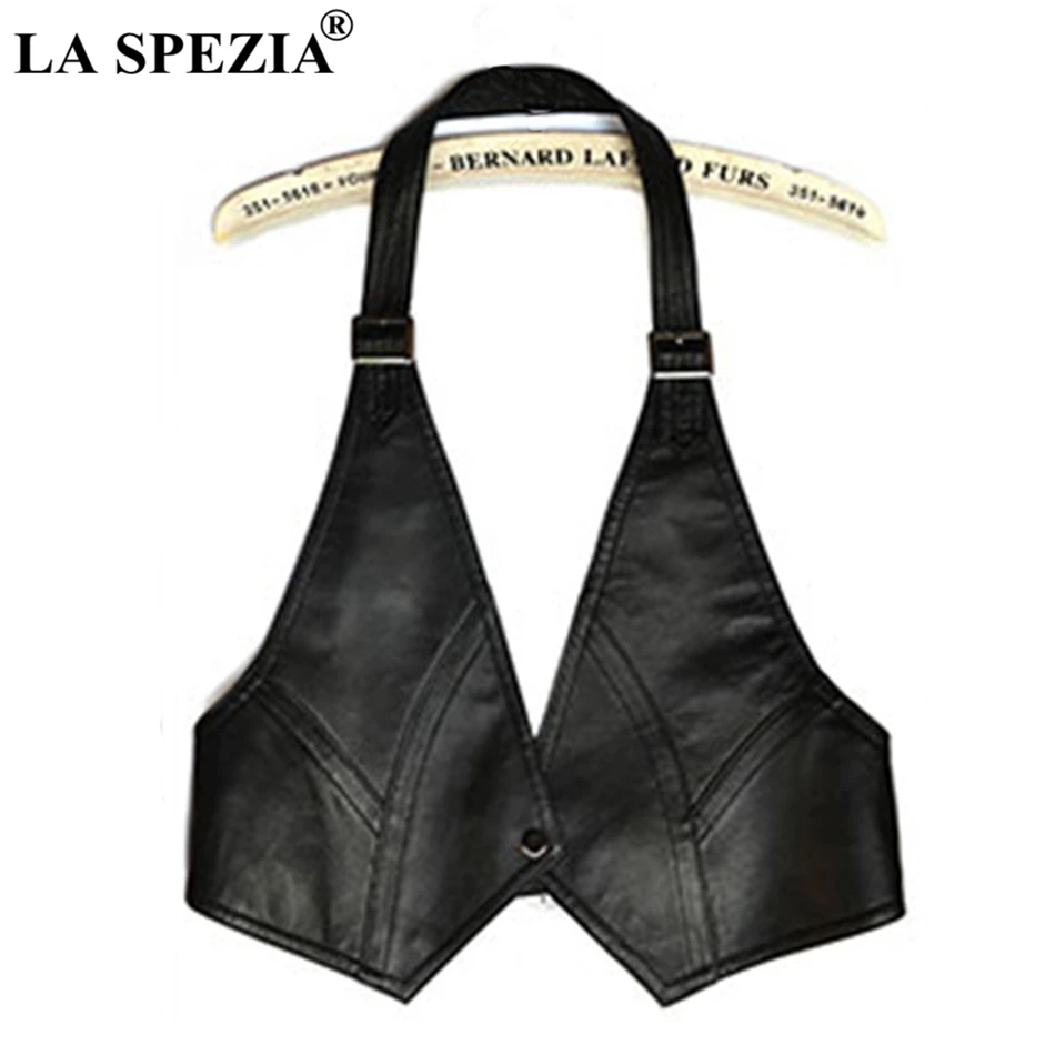 LA SPEZIA Women Red Vest Halterneck Genuine Leather Waistcoat Female Sheepskin OL Adjustable Ladies Spring Sleeveless Jackets