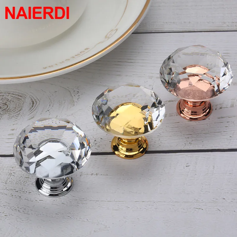 Furniture handles Kitchen door handles NAIERDI Gold Base Diamond Shape Design Crystal Glass Knobs Cupboard Pulls Drawer Knobs Kitchen Cabinet Handles Furniture Handle