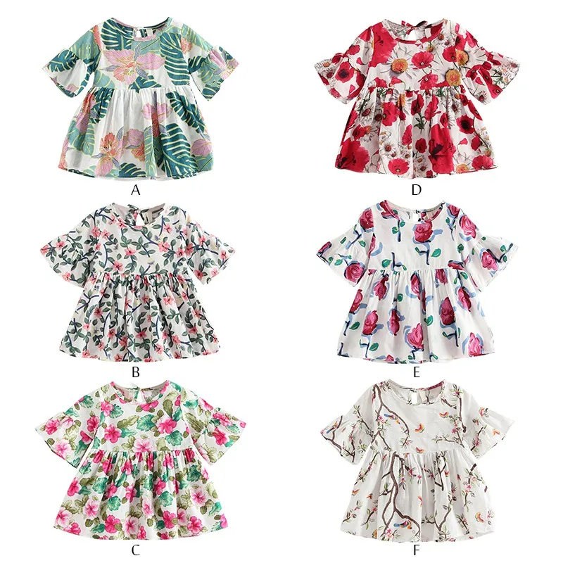 

2018 Summer Baby Girls Retro Style Dress Infant Kids Ink Flower Flare-sleeved Dresses Newborn Newly Fashion Shirt
