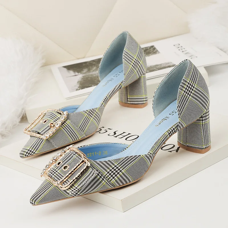 

Pointed Toe Woman Shoes Square Heel 2018 Summer Fall Block Heel Sandals Ladies Plaid Office Shoes