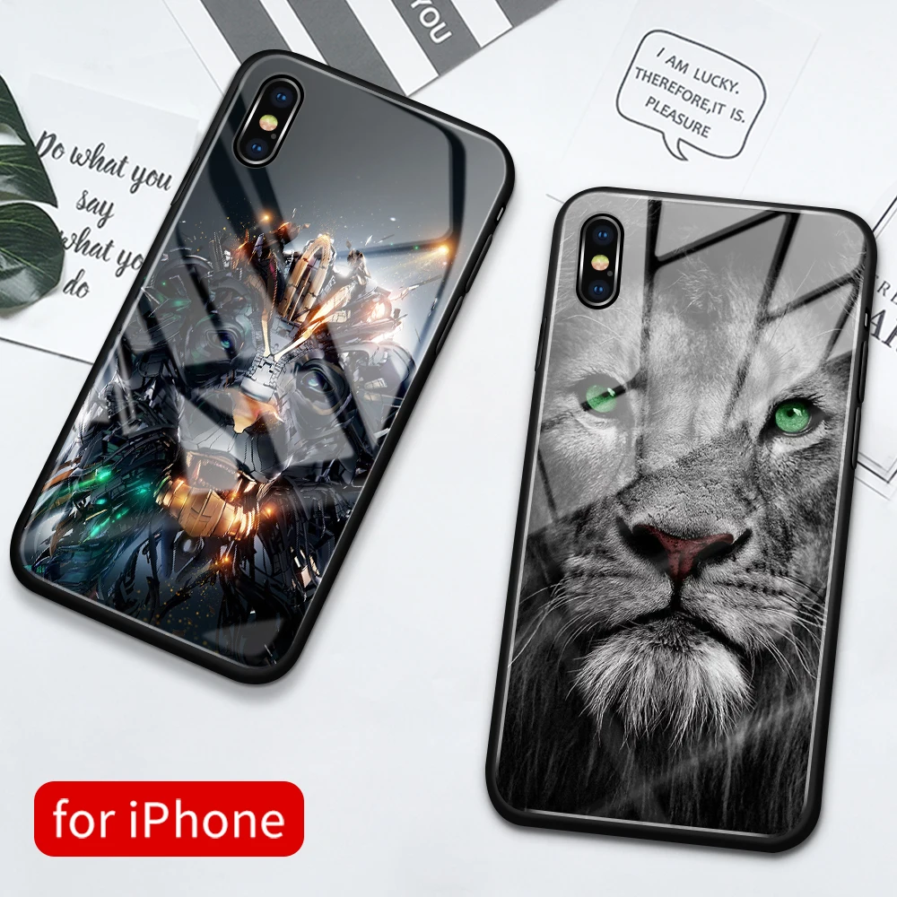 Чехол-накладка для Iphone 12 6s 7 8 Plus X Xs Max Xr 11 13 Pro Se2020 со стеклом с изображением Льва |