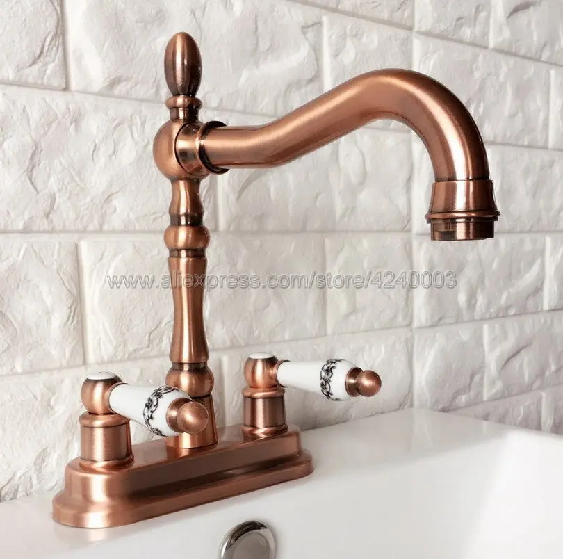 

Antique Red Copper Deck Mount 4" Center Bathroom Sink Faucet Two Handles Basin Mixer Tap Krg051