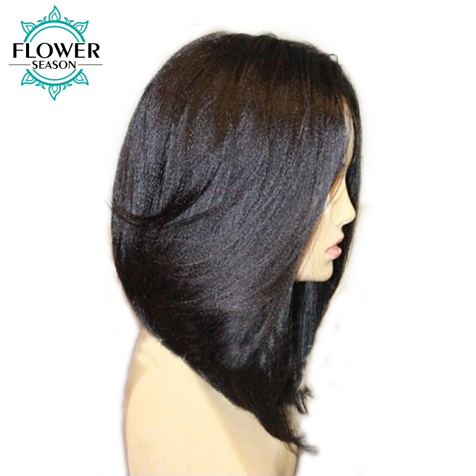 

Yaki Straight Short Bob Lace Front Wig Pre plucked 13x6 Deep Part Brazilian Remy Human Hair Wigs Bleached Knots FLOWERSEASON