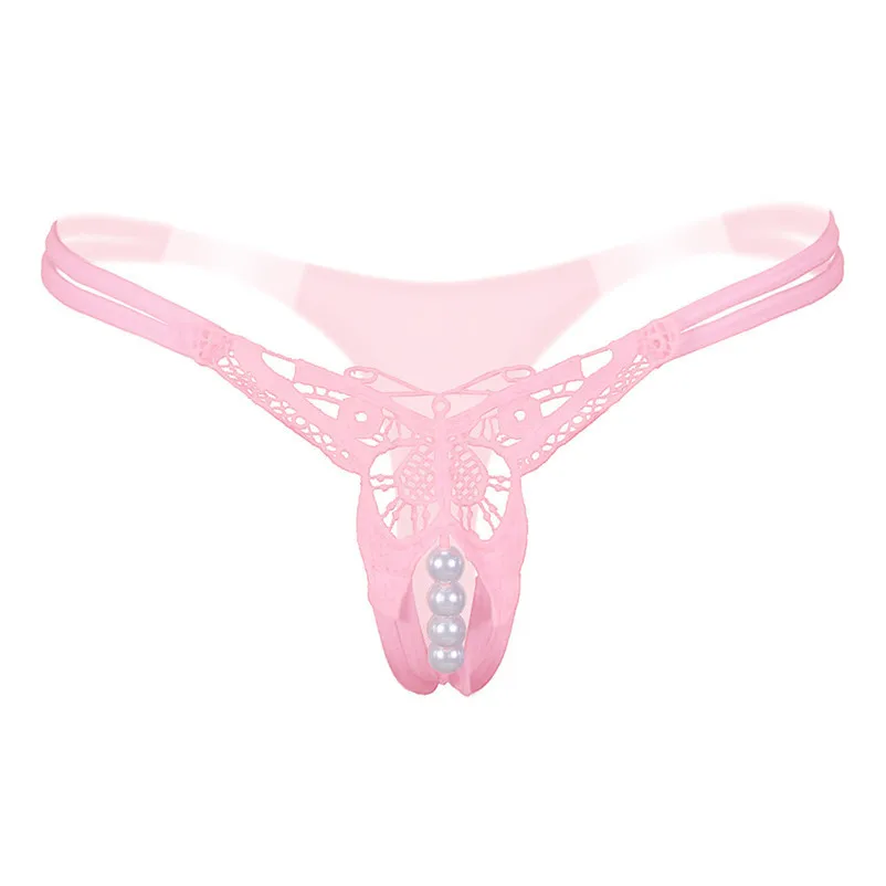 Сексуальное прозрачное нижнее белье с вышивкой, стринги с бабочкой и жемчугом, Женские сексуальные стринги, эротическое белье, трусики P3 - Цвет: Pink