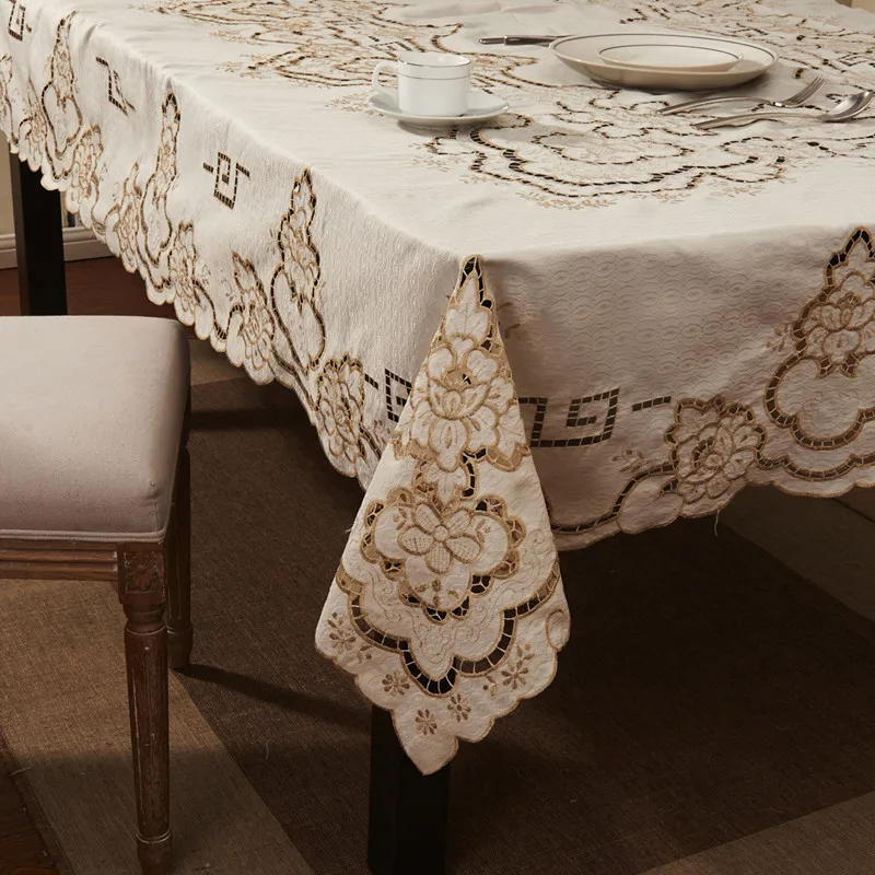 Extra Long Cutworking Embroidery Handmade Beige Home Decor Tablecloths