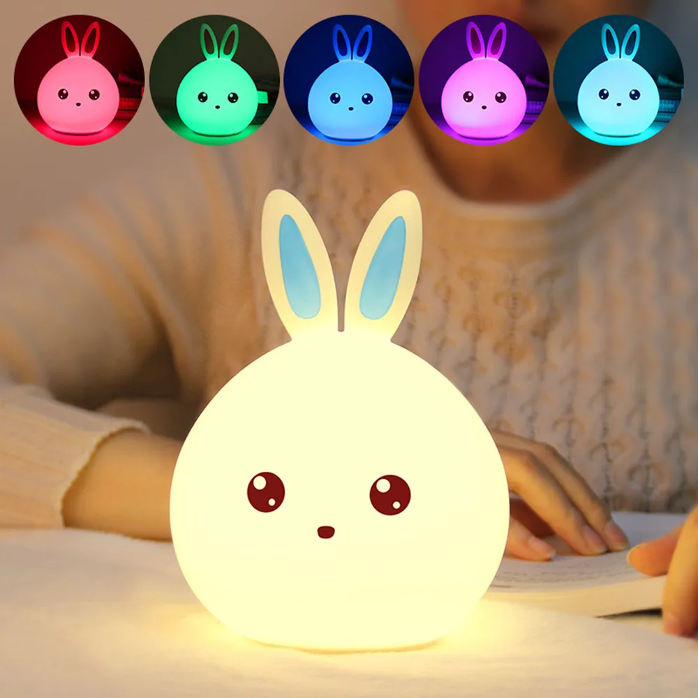 SuperNight Cute Cartoon Rabbit Night Light Silicone Rechargeable Touch Sensor Tap Warm Colorful LED Table Lamp for Childern Girl (6)