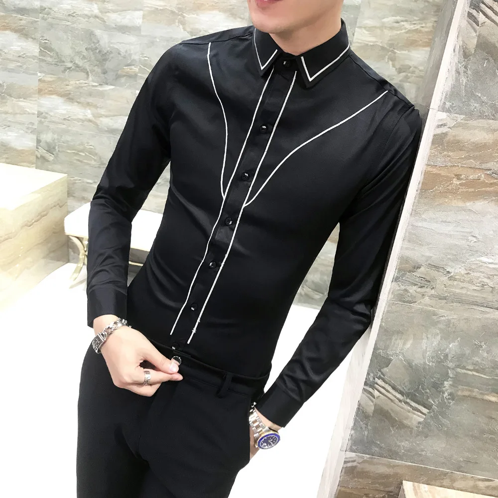 Качественный осенний смокинг мужская рубашка Мода длинный рукав Slim Fit Мужские повседневные рубашки ночной клуб Выпускной вечерние рубашки мужские