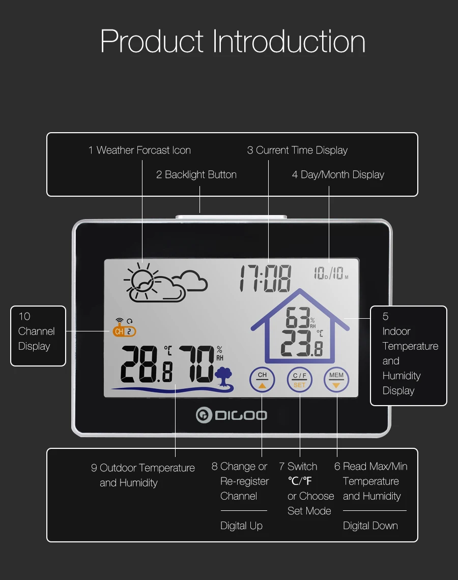 Digoo DG-TH8380 Wireless Touch Screen Weather Station Thermometer Outdoor Forecast Sensor Clock