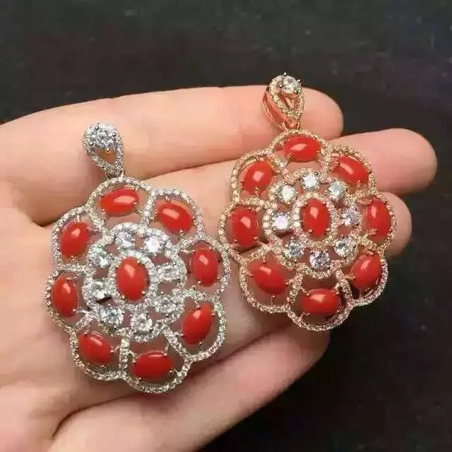 Натуральный красный коралл кулон S925 серебро Природный камень кулон Цепочки и ожерелья модный элегантный люкс Круглый spherica женщин партии