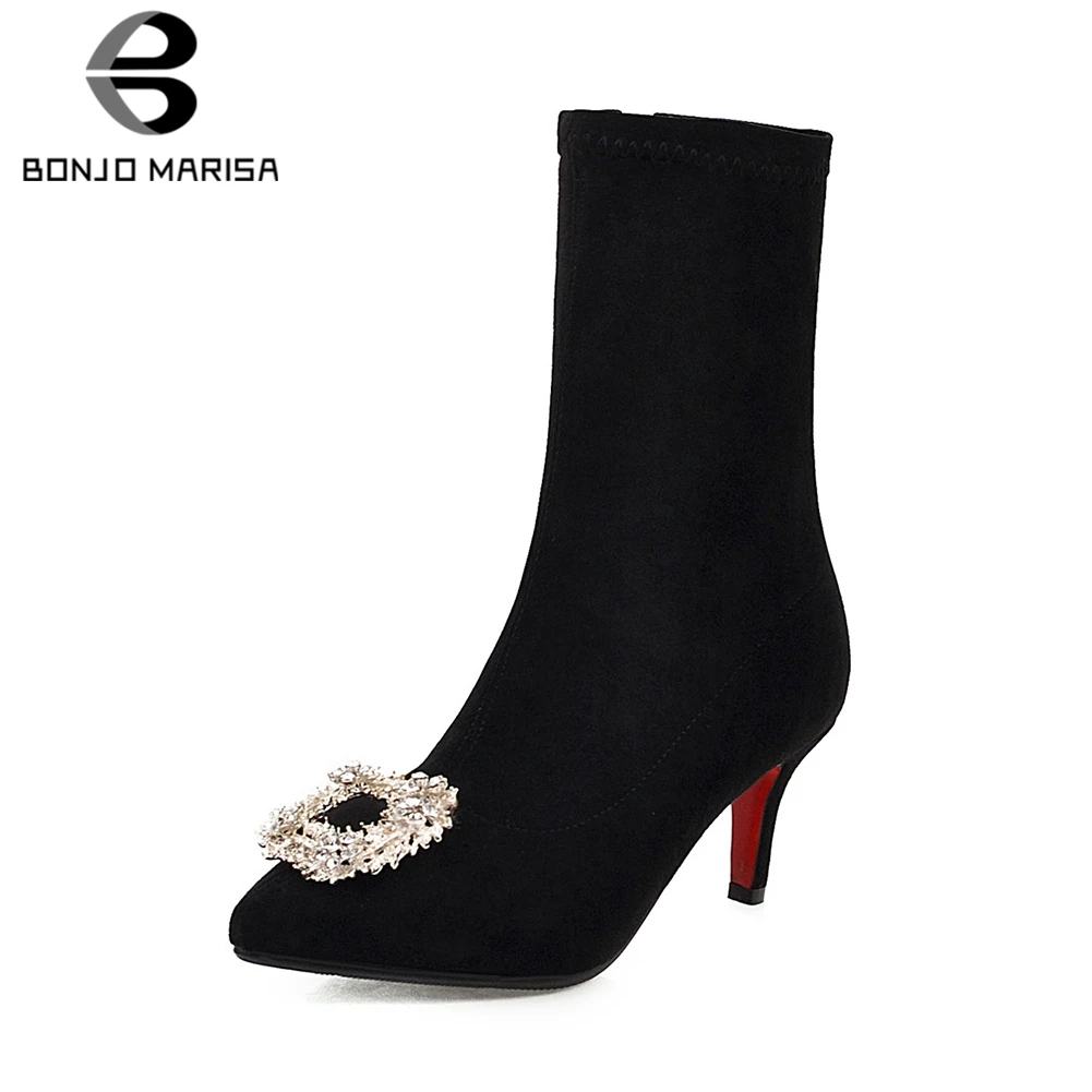 

BONJOMARISA New Elegant Solid Ankle Boots Women 2019 Large Size 32-43 Metal Decorating Booties OL Thin High Heels Shoes Woman