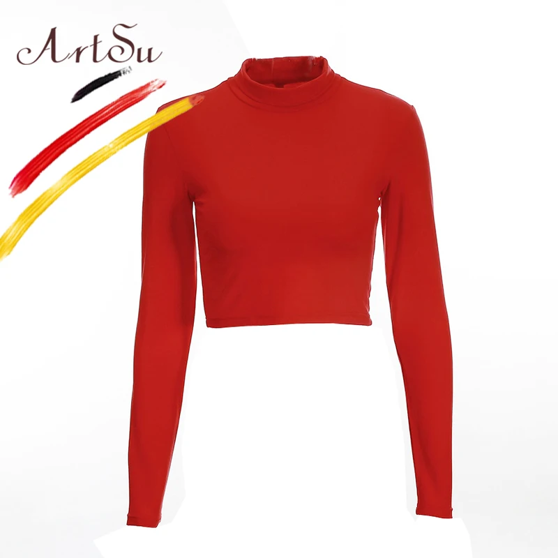 

ArtSu 2017 Autumn Crop Top Black Turtleneck Long Sleeve Women T-Shirt Female Cotton Casual Tees Camiseta Punk Top Red Color