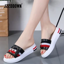 JZZDDOWN Women Slippers Flat Shoes Woman Genuine Leather Beach Sandals Ladies Luxury Belt Platform Slides Flip Flops Summer jellyfond flower slippers genuine leather shoes woman handmade slides flip flops platform clogs for women slippers plus size