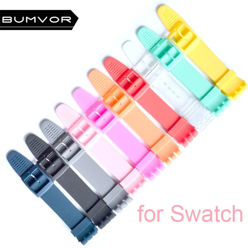 

High Quality Black Blue Green 12mm 17mm 19mm Silicone Rubber Watchband For Swatch Colorful Rubber strap Stainless Steel Buckle