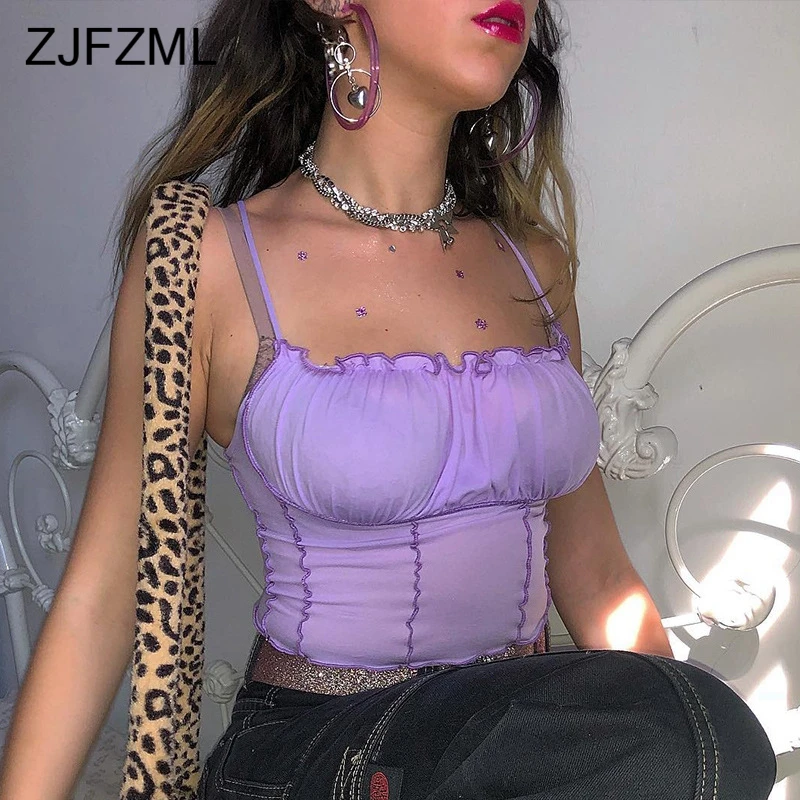 ZJFZML السباغيتي الأشرطة حمالة مثير Bodycon كاميس النساء السببية المحاصيل قمم بلون الكشكشة حزب أعلى فام