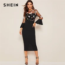 SHEIN สีดำ 3D Applique ปักตาข่าย Yoke ดินสอชุดยาวผู้หญิง 2019 ฤดูใบไม้ร่วงกระโปรงสูงเอว Slim Elegant Dresses(China)
