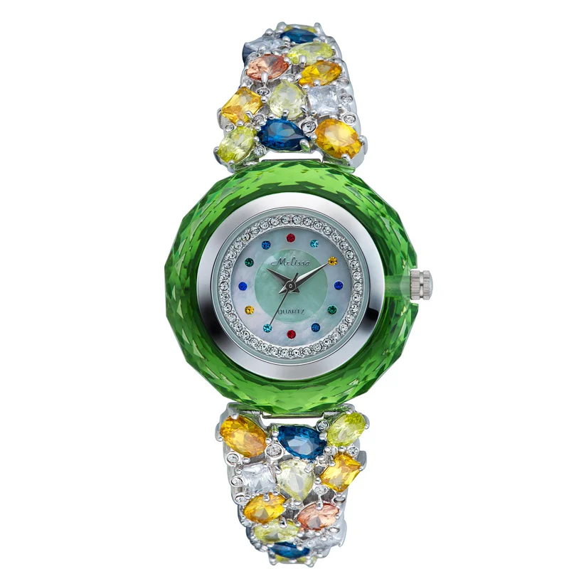 Новинка, женские часы Melissa, Япония, кварцевые, топ, модное платье, браслет, стразы, в виде ракушки, роскошный кристалл, подарок на день рождения для девочки - Цвет: Зеленый