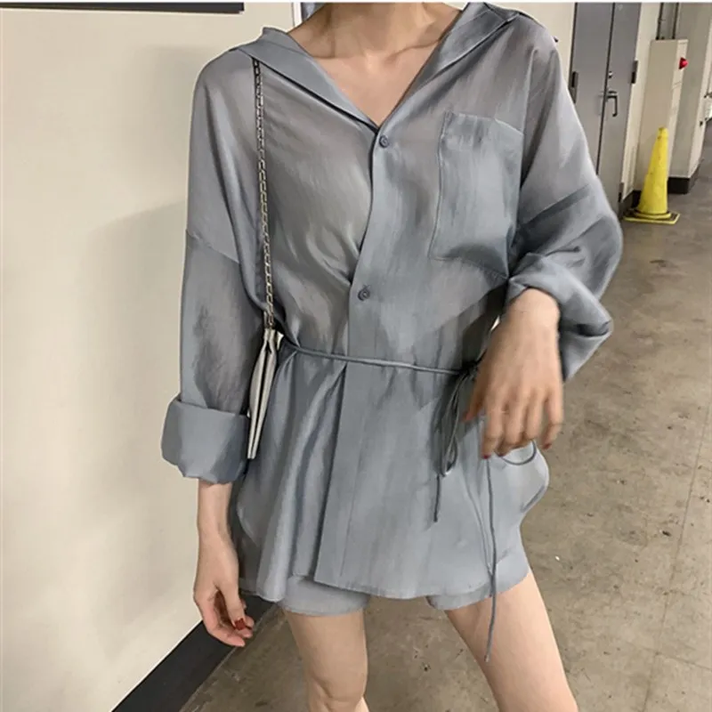 Summer Women Lace Up Shirts Two Piece Outfits Ice Silk Casual Solid Color Office Lady Pants Set