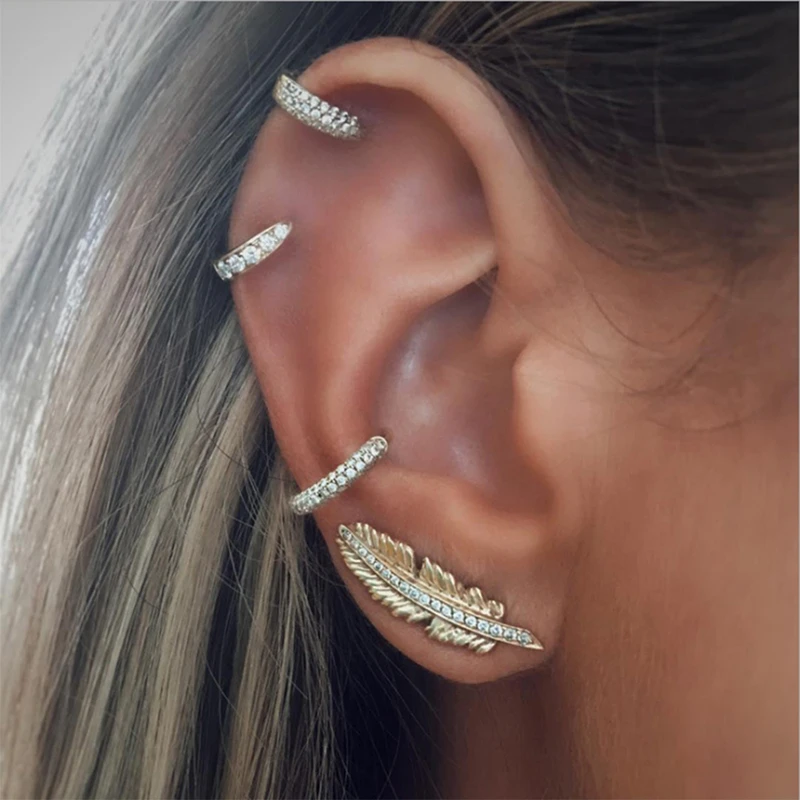 

4pcs/set Vintage Bohemian Leaf Rhinestone Circle Stud Earrings Bijoux Fashion Gold Color Ear Clip Cuff Crystal Earrings