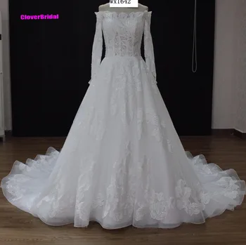 

CloverBridal pizzo appliques organza barca scollatura a maniche lunghe abito da sposa 2017 boat neck long sleeves bride dress