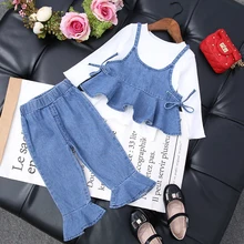

2018 Spring Denim Suits Baby Girls Clothes Set 3Pcs White T-shirt Basic T Shirt + Sling Denim Top +Jeans Pants girl clothing set