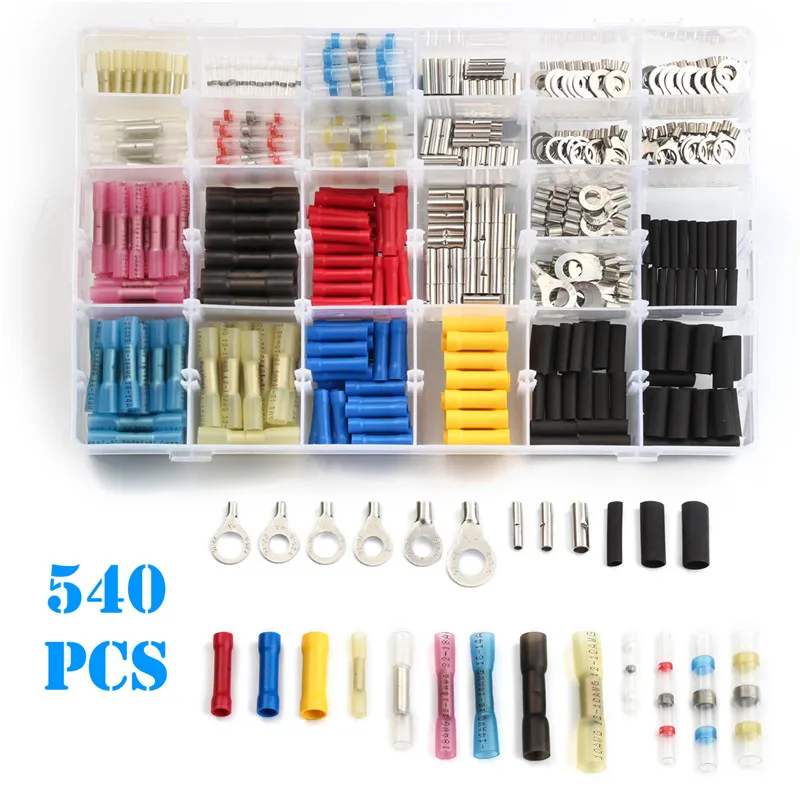 

540pcs Heat Shrink Tube Wrap Wire Cable Sleeve PVC Butt Splice Terminals Non-insulated Soldered Sleeve Ring Connector Kit