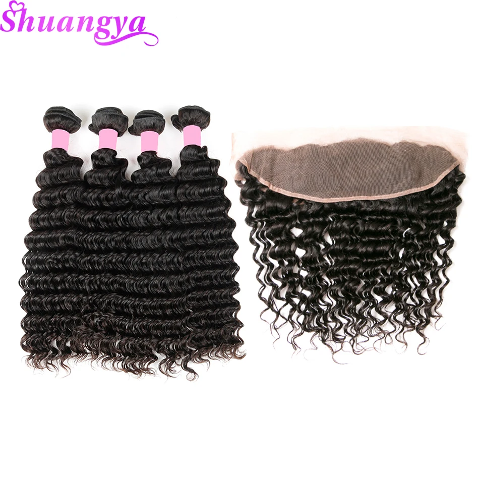 

Shuangya Hair Indian Deep Wave Bundles With Frontal Remy Hair Frontal With Bundles 100% Human Hair 3/4 Bundles With Frontal