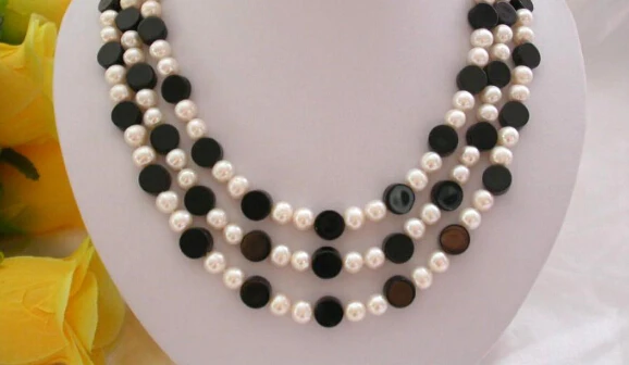 

vogue popular 3rows 8mm round white freshwater pearls black agate necklace