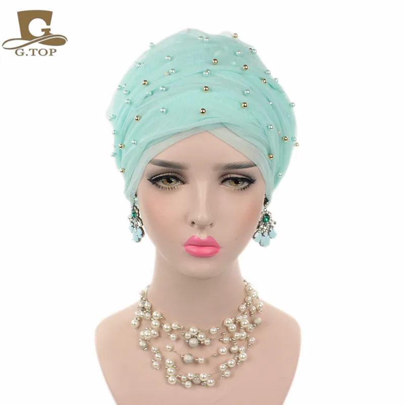 New Women Luxury Gold Beaded Mesh Long Head Wrap Turban 