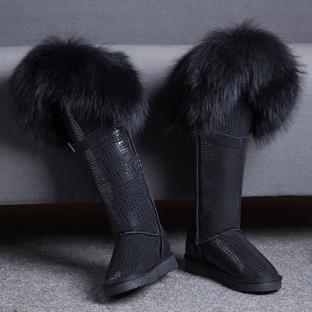 Knee High Snow Boots Natural Black Fox Fur Long Boots Cow Genuine