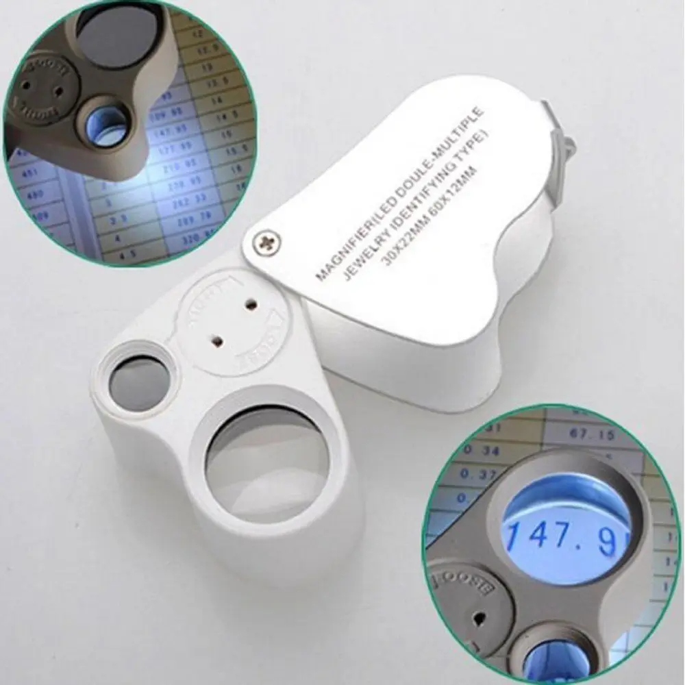 

60X 30X Jewelers Eyes Optical Glass Loupe Magnifier Magnifying LED Light Mini Pocket Lupa Plastic Handheld Lens Loep