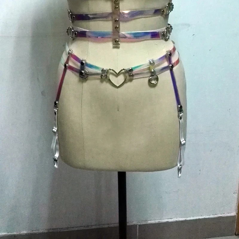 

Подвязки для ног с голограммой, пикантные двухрядные подвязки ручной работы в стиле панк, ПВХ подвязки с большим сердечком, Портупея из ПВХ