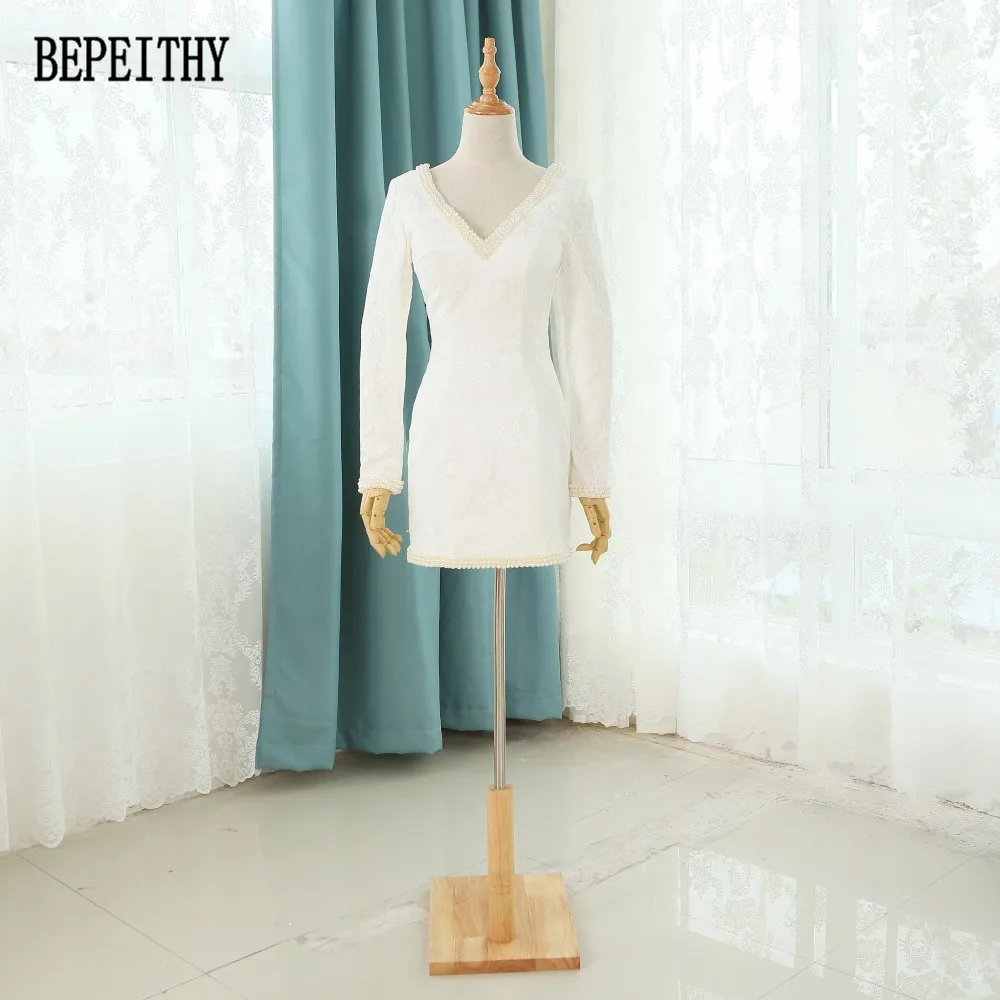 

BEPEITHY 2019 New Arrival White Ivory Lace Long Sleeves Sexy Backless Short Prom Dresses Pearls Cheap New Party Dress