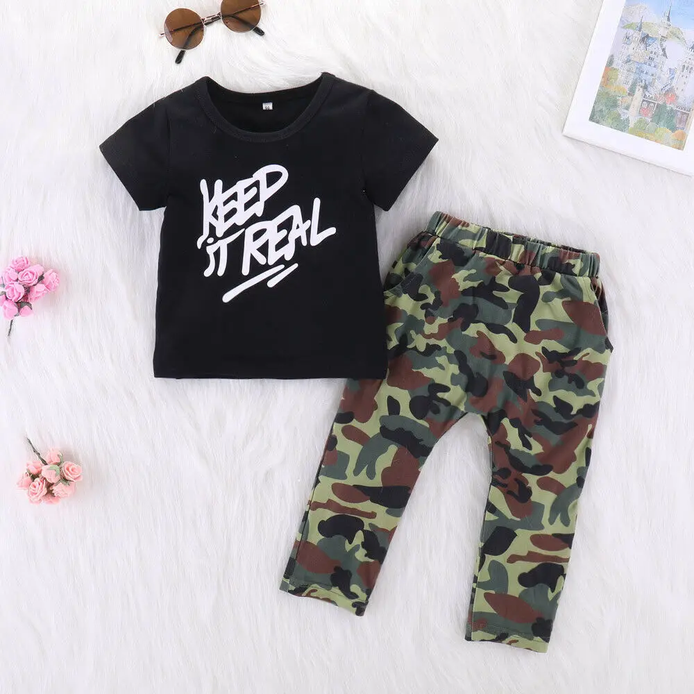 

2019 Toddler Baby Kid Child Boys Clothes Set Summer Casual Short Sleeve Letter O-Neck T-Shirt Top Camo Pants 2PCs Clothing 1-5T