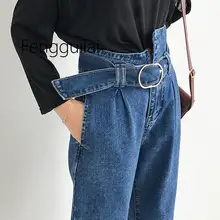 Boyfriend Jeans For Women Fashion Streetwear Loose Women Jeans With High Waist Personality Irregularl Belt Vintage Denim Pa