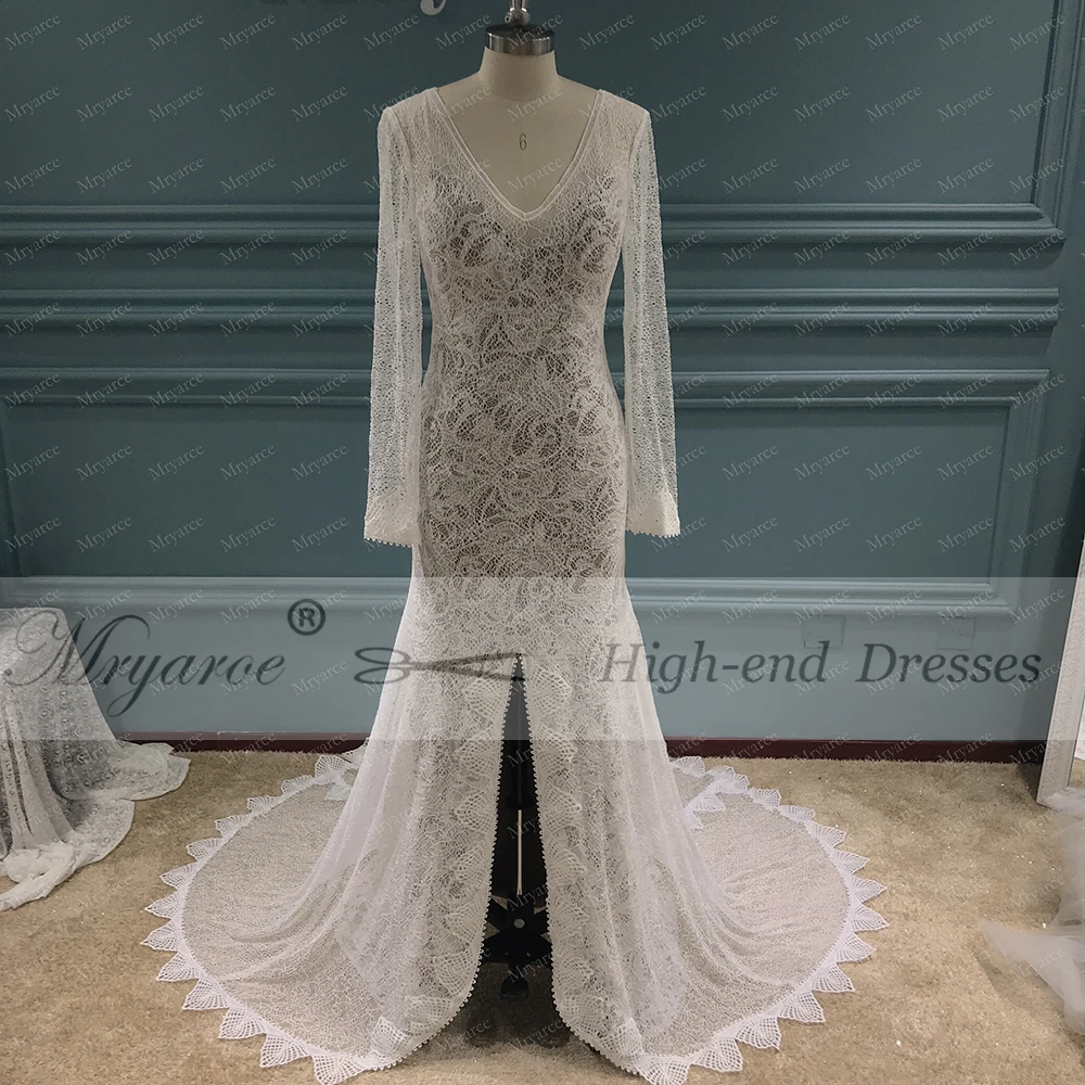 Mryarce 2019 Unique Bride V Neck Open Back Lace Long Sleeves Wedding Dress Front Slit Chic Style Bridal Gowns  (6)