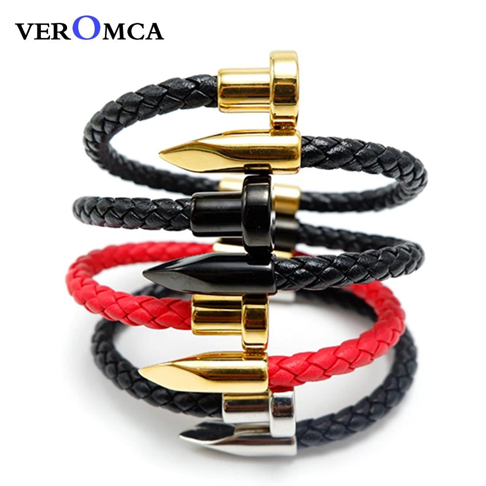 

VEROMCA Punk Leather Nail Bracelet Handmade Fine Bracelets Stainless Steel Magnetic Bracelet With Clasp Accessories