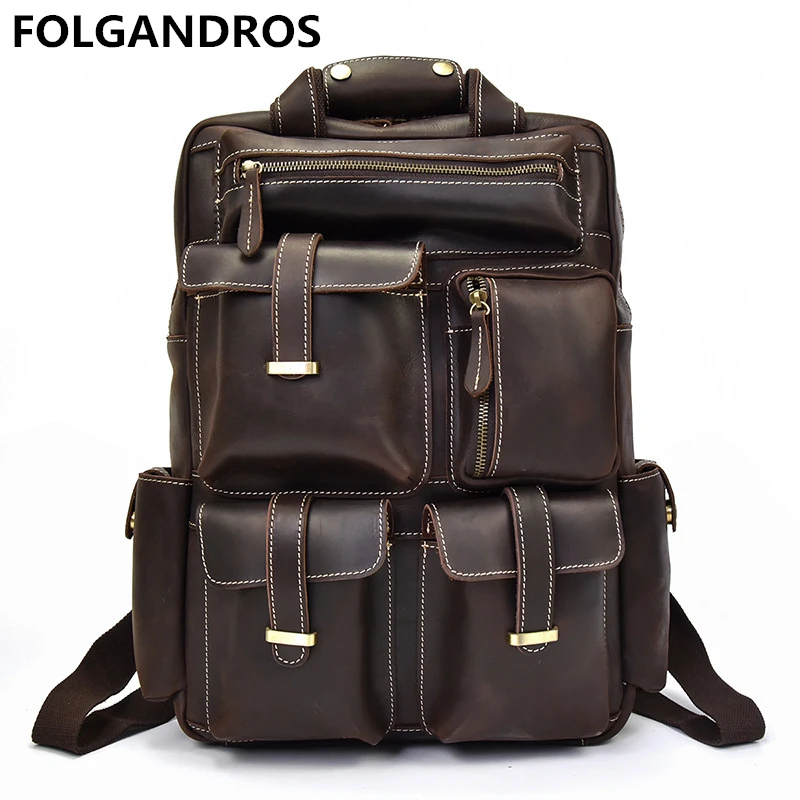 

Men's Genuine Leather Backpack Multifunction Vintage Handmade Crazy Horse Leather Large Capacity Cowhide Travel Rucksack Mochila