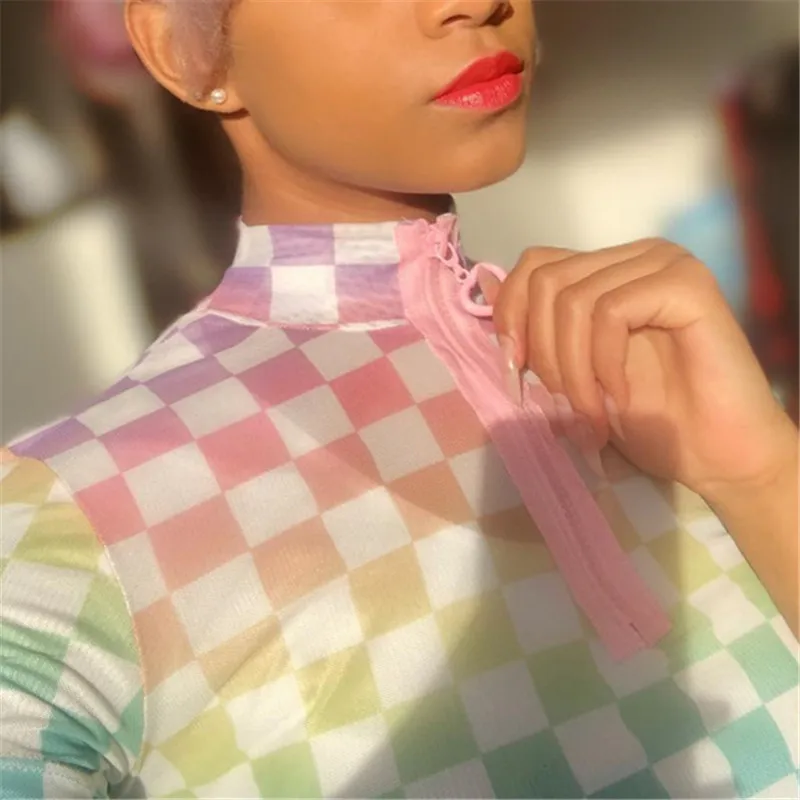 

Women Cropped Plaid Front Zipper t shirt Turtleneck Short Sleeve Bodycon Streetwear t shirt Summer Sexy Checkerboard Crop Tops