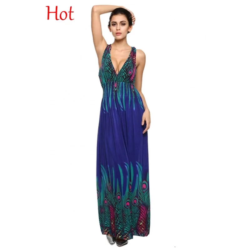 

Sexy Women Maxi Dress Fashion V Neck Sleeveless Peacock Printed Long Casual Dresses Summer Style Hawaiian Peacock Dress 11110