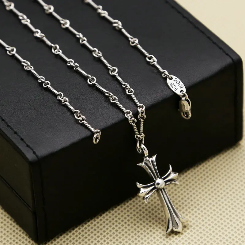 

100% Real 925 Sterling Silver Cross Pendant Necklace for Women Fish Bone Chain Choker Necklace Fine Jewelry