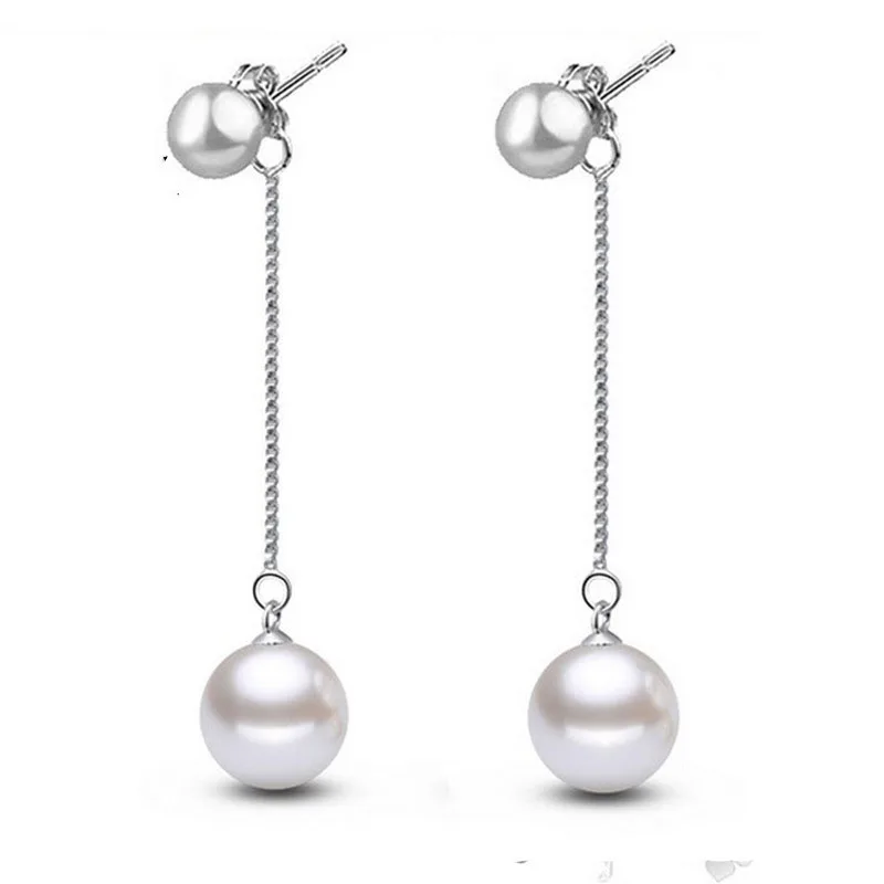 

Giemi Special Design Fashion Brand Long Chain 925 Sterling Silver Two Pearls Drop Earrings For Women Best Wholesale Jewelry Gift